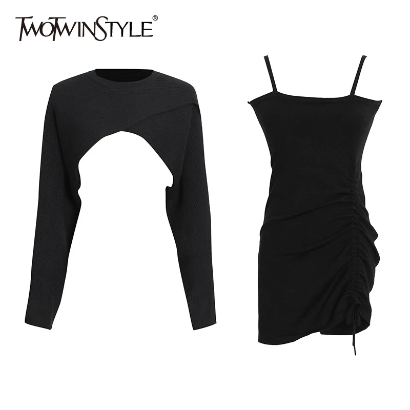 

Женский однотонный костюм twotwin2, облегающее платье на бретельках с круглым вырезом, пуловер с длинными рукавами, Женский комплект, 2022 стиль
