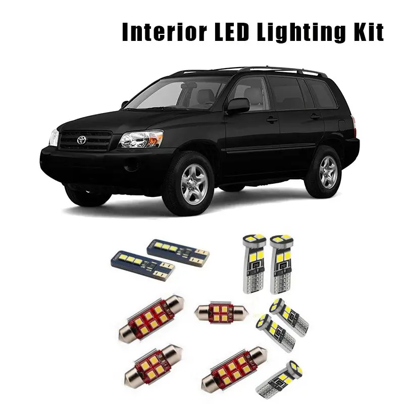 

For 2001-2003 2004 2005 2006 2007 Toyota Highlander 10 Bulbs White Canbus LED Interior Light Kit Fit Map Dome License Lamp