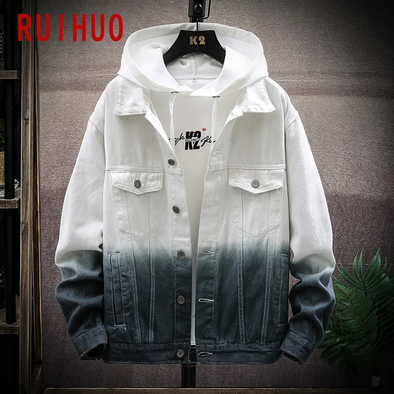 

RUIHUO Gradient Color Denim Jacket Men 2021 Japanese Streetwear Men Jacket Winter Casual Mens Jackets And Coats M-5XL