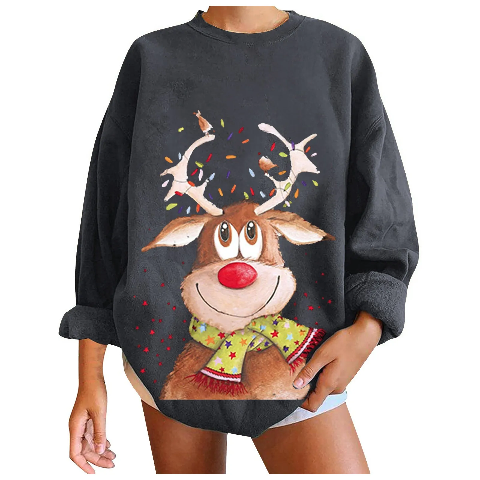 

Женский модный Повседневный свитер с забавным рождественским принтом, Свободный пуловер с круглым вырезом, Теплые Топы на осень и зиму, Жен...