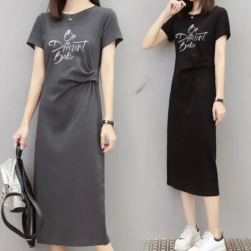 

Cotton T-Shirt Skirt Women'S Summer Loose Large Size Split Ends All-Match Mid-Length Over-The-Knee Dress