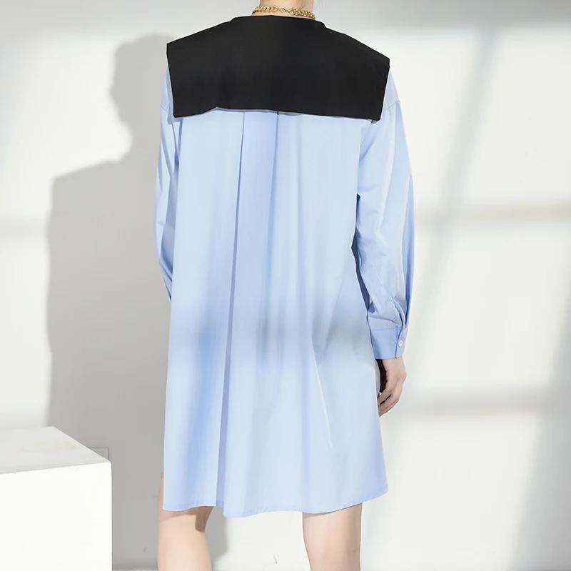 

[EAM] Women Blue Big Size Irregular Blouse New Round Neck Long Sleeve Loose Fit Shirt Fashion Tide Spring Autumn2021 1X74005