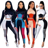 plsw two piece set women autumn patchwork skinny mock neck crop topstretchy legging matching outfit female streetwear