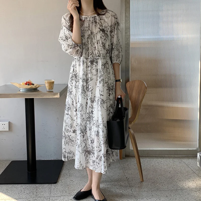 

Alien Kitty Gentle Retro Printing Elegance 2021 Summer O-Neck Office Lady Streetwear Loose Brief Women Chic Long Dresses Sets