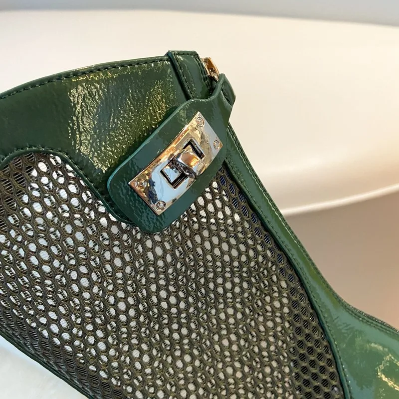 

Korean Spring Summer 2021 Women Sandals Mesh Boots Round Toe Platform Mid Chunky Heels Zipper Calf Boots Ladies Shoes Off-white