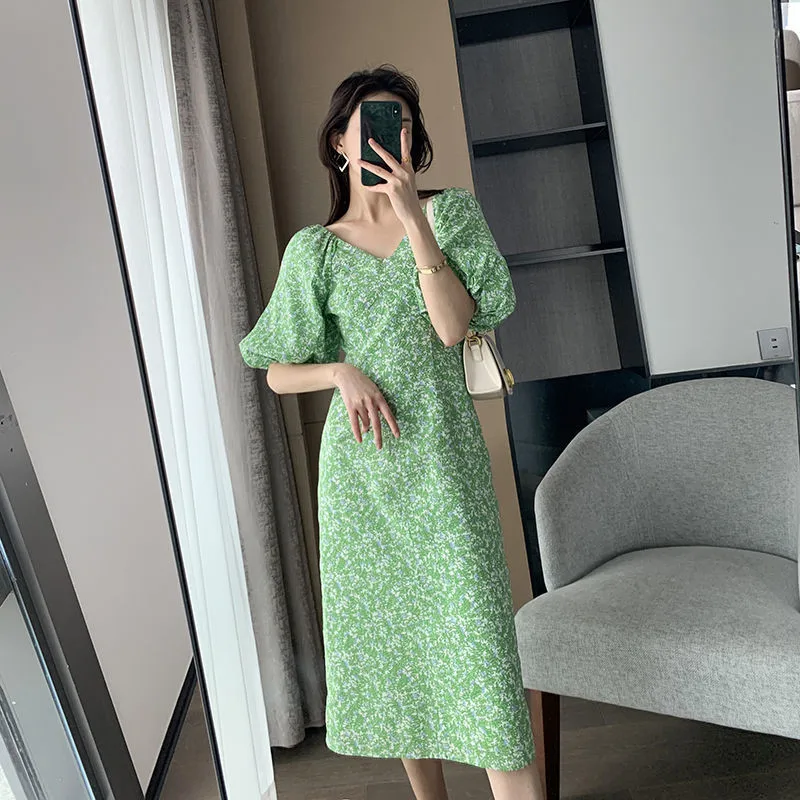 

Summer Dresses For Women 2022 Elegant Floral Puff Sleeve V-Neck Short Sleeve Korean Fashion Sexy Slit Maxi Dress Chiffon Vestido