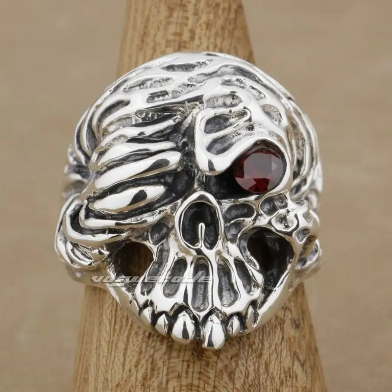 

Red CZ Stone Eye Skull 925 Sterling Silver Mens Biker Ring 9K019 US Size 7 to 15