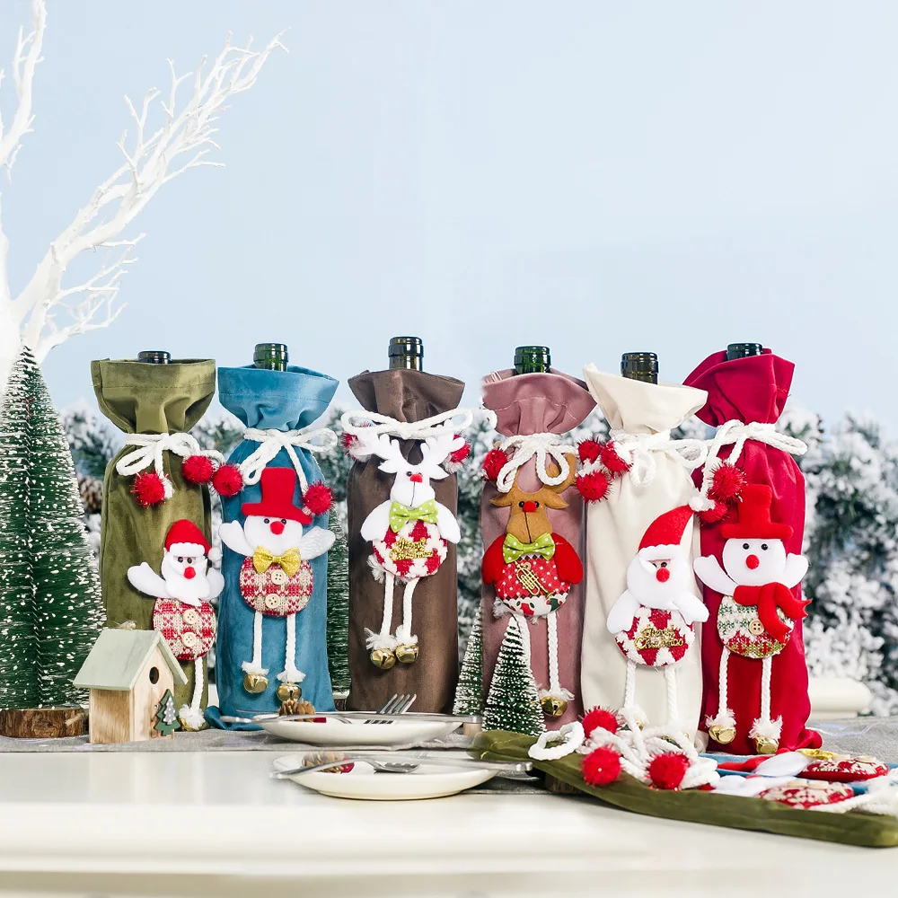 Christmas Doll Red Wine Bottle Cover Bag New Year Dinner Table Decorations Champagne Bottle Decor Storage Bag Elk Snowman Santa