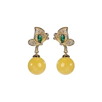 s925 sterling silver gold plated natural amber stud earrings butterfly round beads earring pendant for ladies earrings