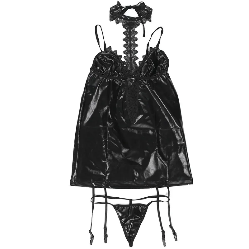 2 шт. сексуальное женское нижнее белье из искусственной кожи черного цвета Babydoll