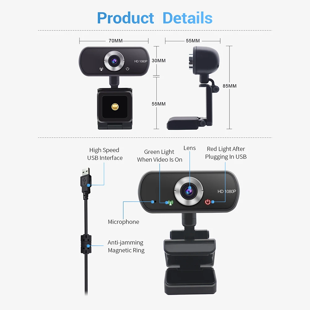 

VODOOL 1080P HD USB Webcam Video Conference Live Streaming Web Camera with Microphone Widescreen Video Work Home Accessories