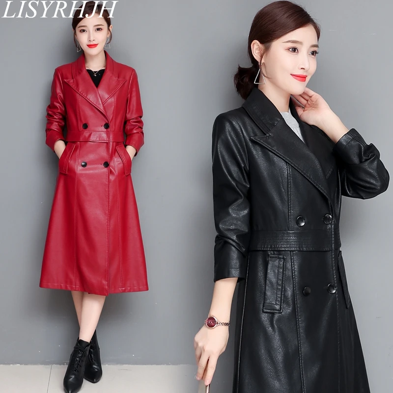 

LISYRHJH New Autumn Winter X-Long Faux Leather Coat Soft Slim Black Leather Jacket Women Overcoat Plus Size 4XL Trench Parka