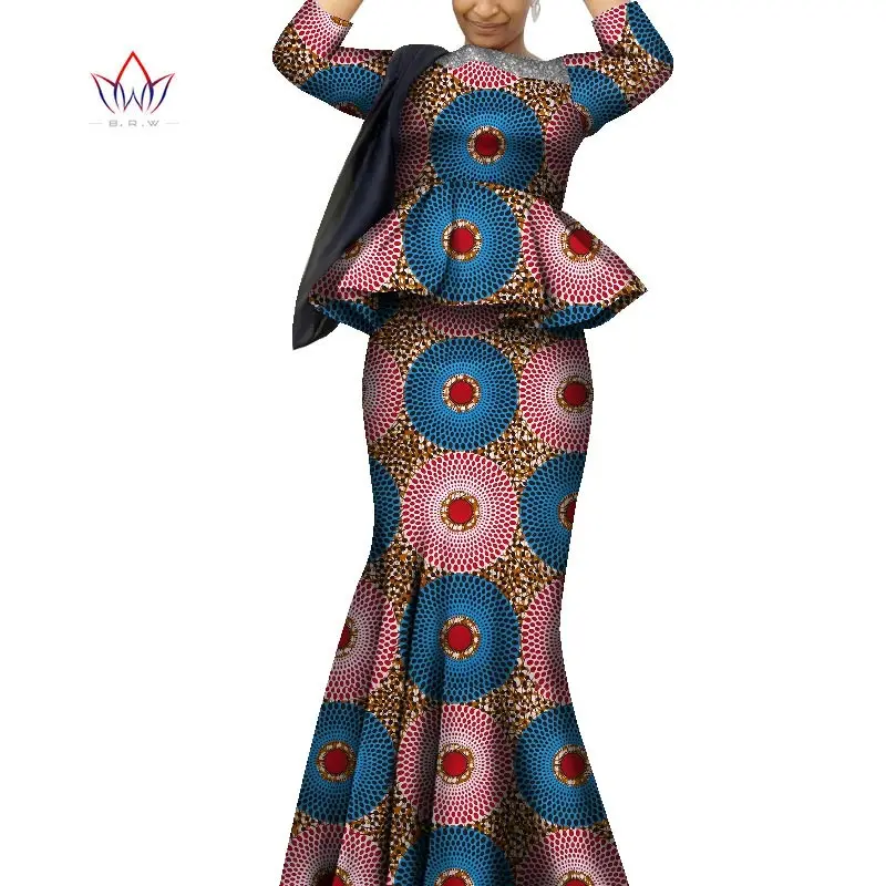 African Traditional Wear for Women Full Sleeve Wholesale 2 PCS Long Skirt Suit Frills Ankara Elegant Outfit For Women WY8515