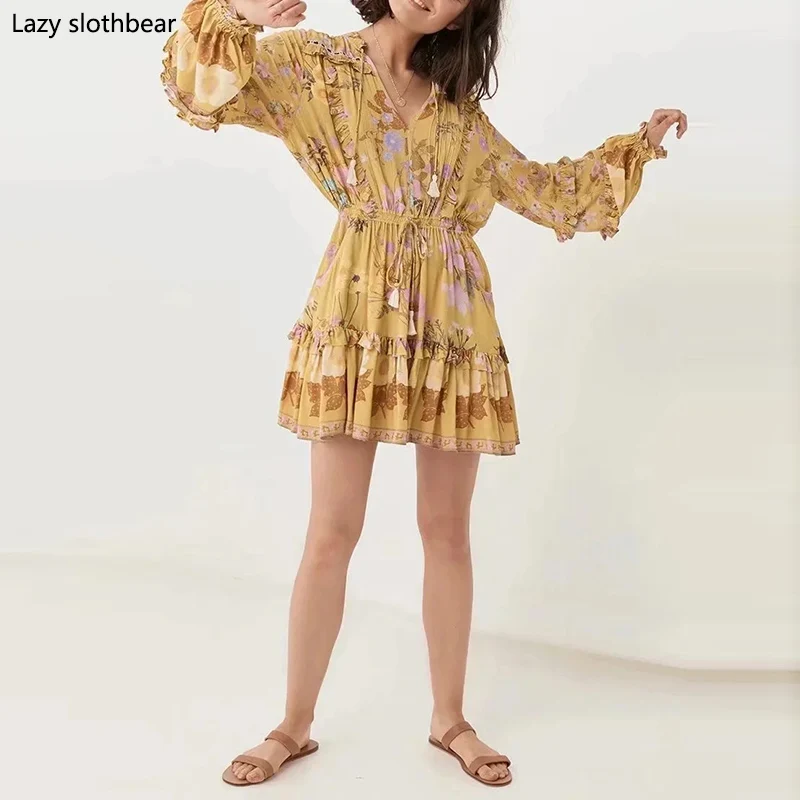 

Высокое качество Женская футболка с длинными рукавами с эластичной талией платье с цветочным рисунком элегантное платье в этническом стил...