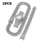 Комплект ювелирных изделий для мужчин, ожерелье + часы + браслет в стиле хип-хоп, кубинская цепочка золотистого цвета, украшенная кристаллами, ожерелье из Стразы в африканском стиле