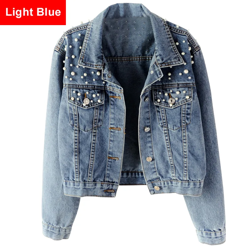 Light Blue Короткие джинсовые куртки размера плюс с жемчужинами и бусинами 3Xl 5Xl Женские винтажные повседневные джинсовые куртки с длинным рукавом - Цвет: Light Blue