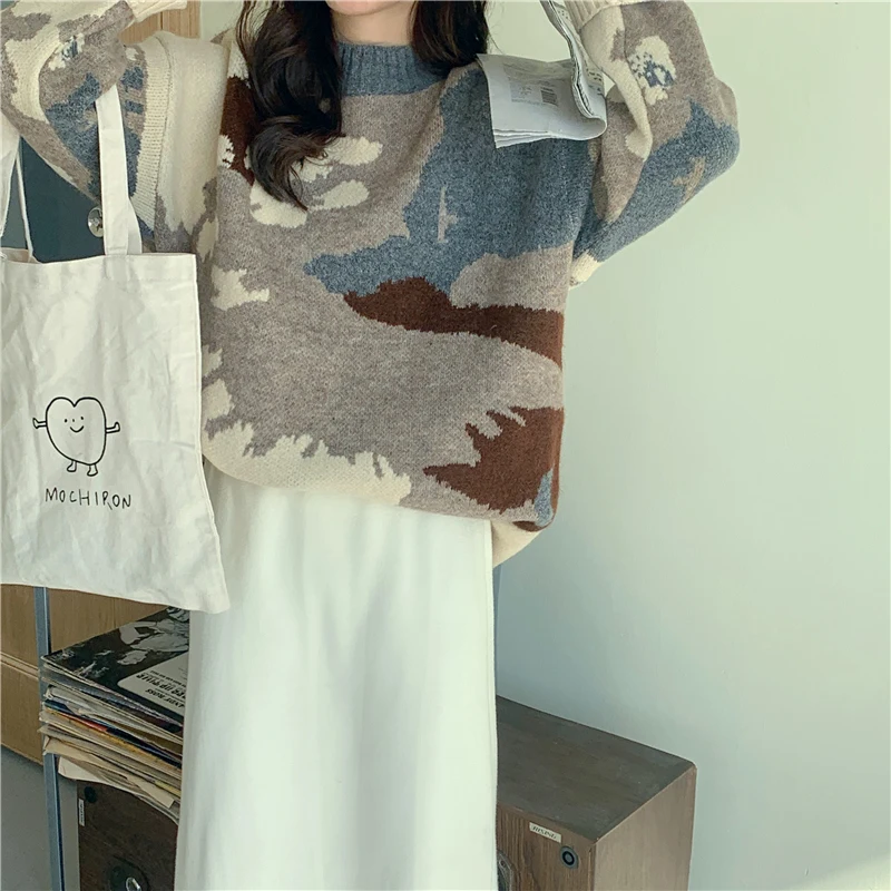 

Pullovers Sweater Women Knitted 2020 New Harajuku Pattern Elegant Autumn Winter Korean Long Sleeve print Warm O-neck W097