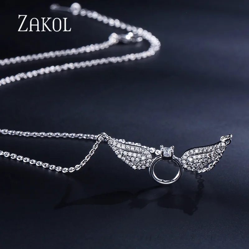 ZAKOL New Fashion Zirconia Angel Wings Pendant &amp Necklaces with White Gold Color Jewelry For Young Girl Women Gift FSNP2035 | Украшения