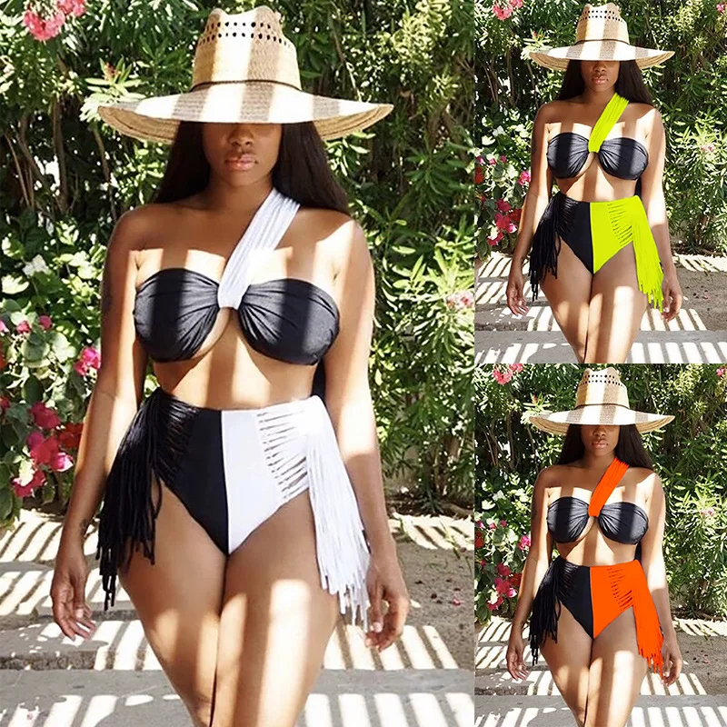 

2021 New European and American Women's Dress Bikini Appeal Color Swim Set Women Swimwear Add Thick Hollow Out Swimsuit Female