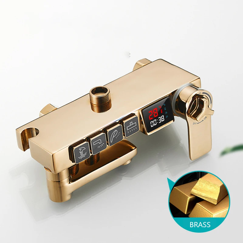 Thermostatic Gold Shower Set Bathroom LED Digital System Square Spray SPA Rainfall Bath Faucet Hot Cold Mixer Copper Taps | Обустройство