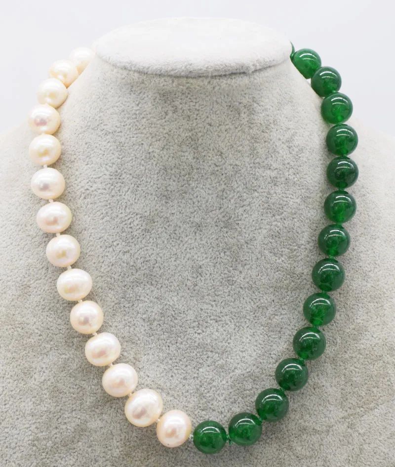 

UNIQUE!green jade round and freshwater pearl white near round 12mm 18inch wholesale beads nature FPPj