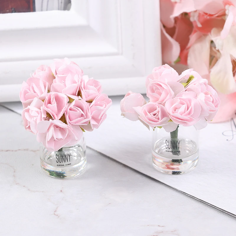 

1/12 миниатюрная розовая роза для кукольного домика, стеклянная бутылка, Цветочная композиция, домашний декор, распродажа подарков