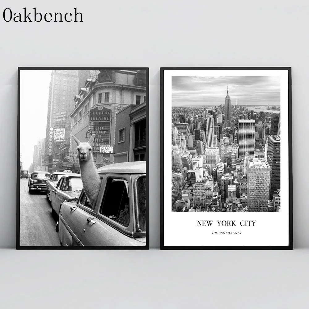 Черно-белая холщовая картина лама в такси Настенная для гостиной животные