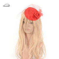 women handmade red fascinators flower rose veil hair clips cocktail party hat headwear hairpin hairpiece