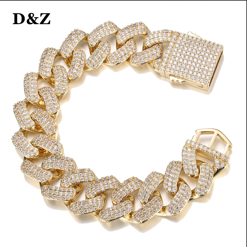 

D&Z New 20MM Iced Out Cubic Zircon Stones Prong Cuban Link Bracelet Spring Buckle Fashion Heavy Miami Jewelry Hip Hop Gift
