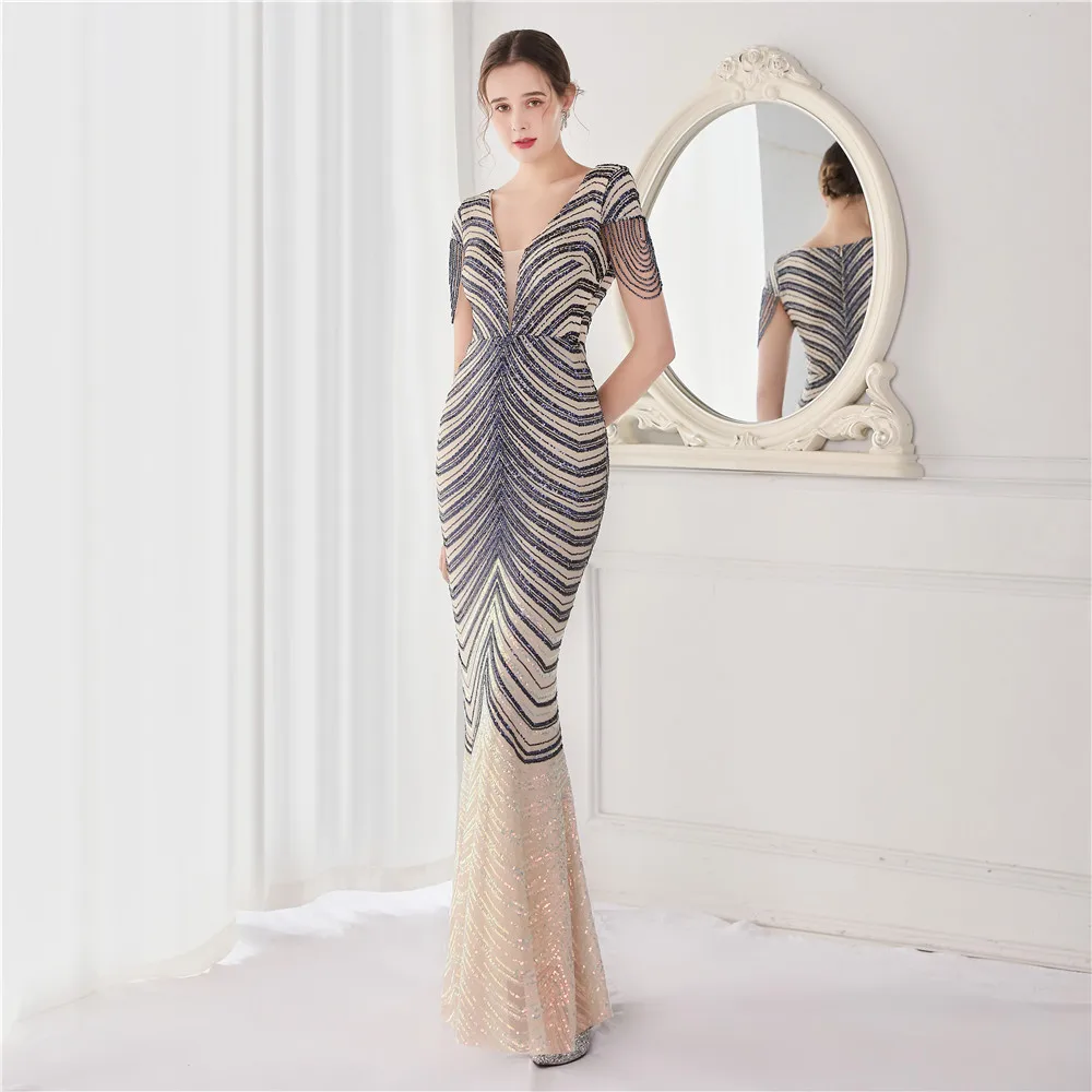 

Deep V Neck Sequined Mermaid Evening Dresses Formal Prom Pageant Wedding Party Robe Re Soirée Femme Robe De Soirée Se Mariage