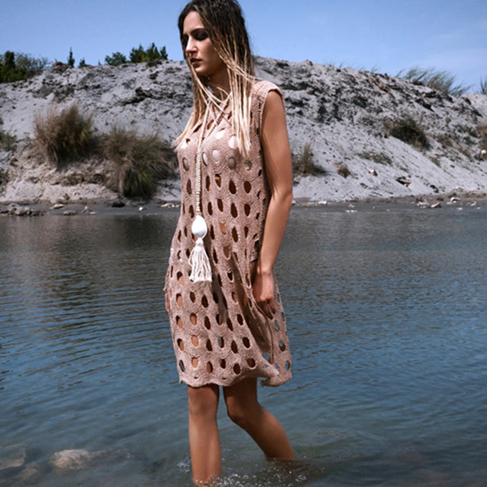 

2021 Sexy Hollow Knitted Beach Dress Bikini Cover Up Women Beach Cover Up Sleeveless Holiday Shirt Female Swimsuit Blouse Tunics