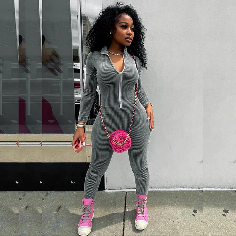 

Women's Jumpsuit Autumn Long-Sleeved Gray Stand-Up Collar Zipper High Waist Pit Slim Trousers Jumpsuit Sexy Street Casual 40