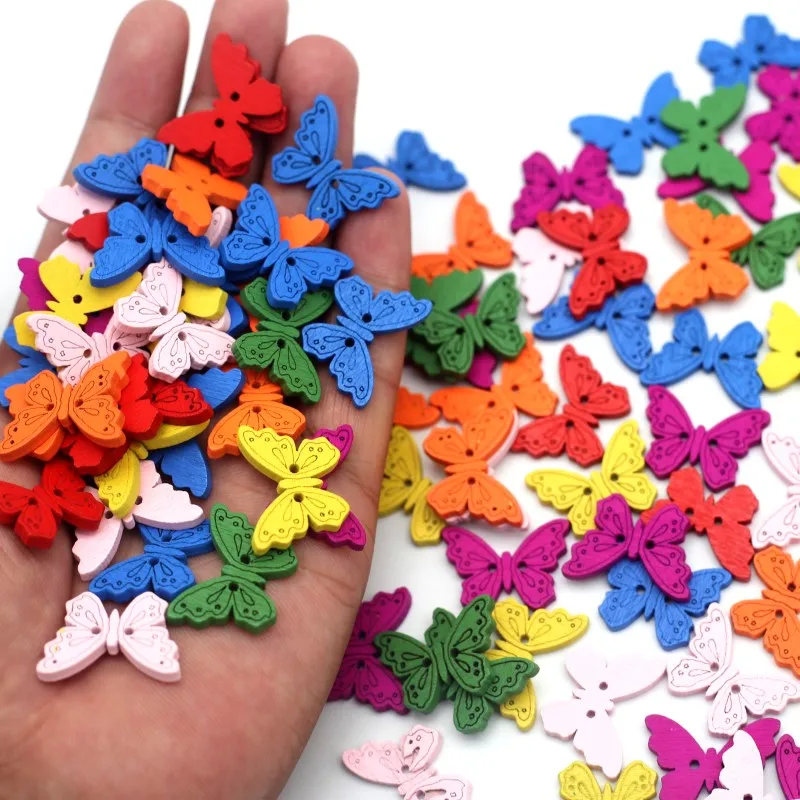 

18*25mm Mix Wooden Self-Adhesive Butterfly 2 Holels Flat-Back Button DIY Handmade Wedding Clothing Home Decor Supplies 50pcs