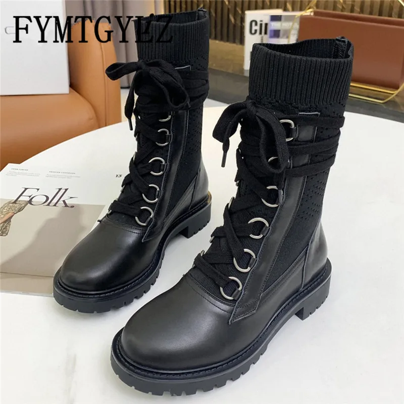 

FYMTGYLZ модные брендовые эластичные чулки сапоги вязаные кожаные Лоскутные мотоциклетные сапоги на массивном каблуке обувь на платформе для ...