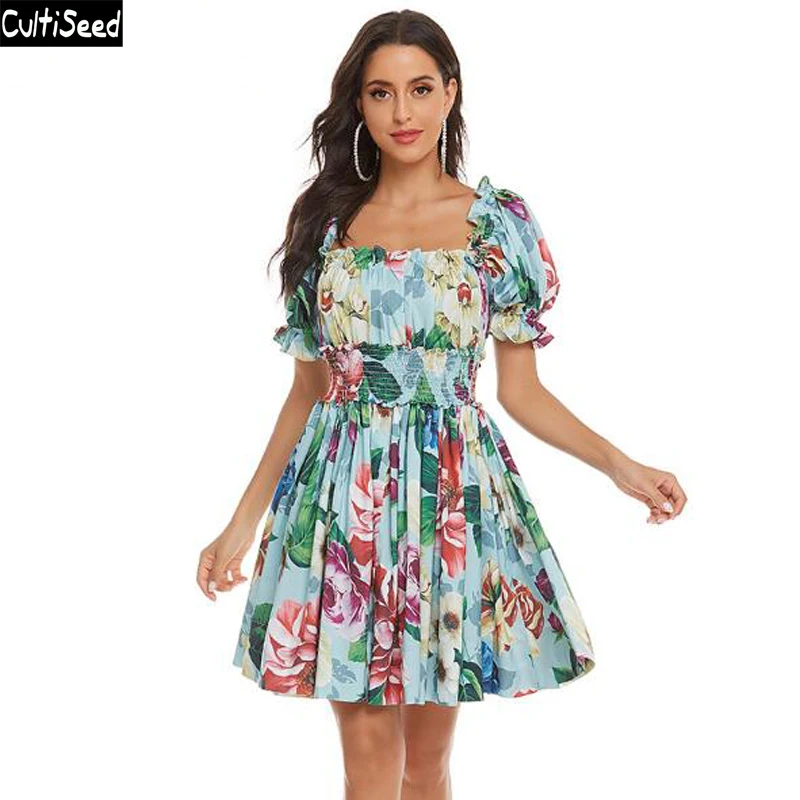 

Cultiseed Women Floral Print Puff Sleeve Party Dress Female Sexy Slash Neck Slim Waist Dress Ladies Vintage Pleated Sweet Dress