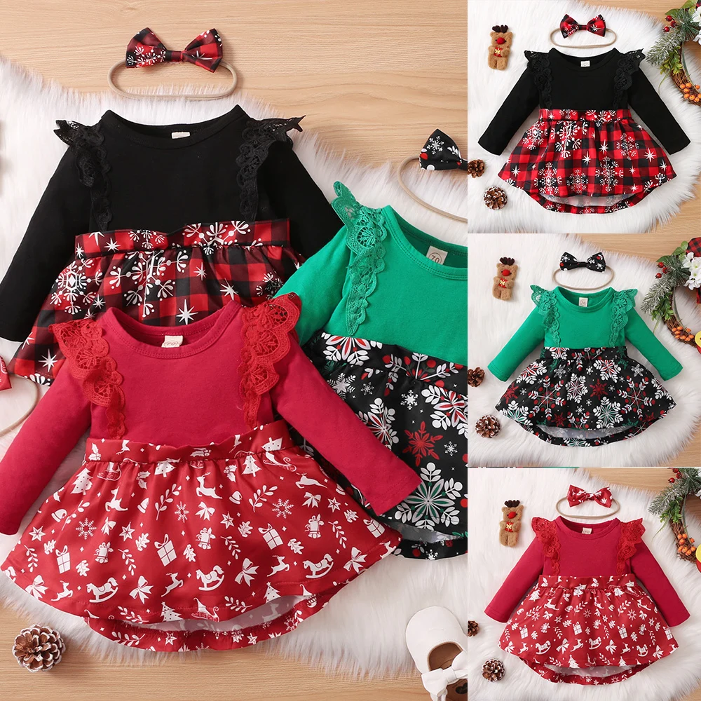 

Baby Girl Dress Long Sleeve Patchwork Christmas Party Newborn Girl Dress With Hair Belt Ruffle Cute Autumn Round Neck Dress