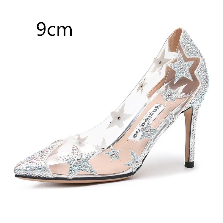 Silver-9cm heel Г., женские туфли-лодочки со стразами женские свадебные туфли на высоком тонком каблуке из прозрачного ПВХ женские элегантные вечерние туфли с острым носком - Цвет: Silver-9cm heel