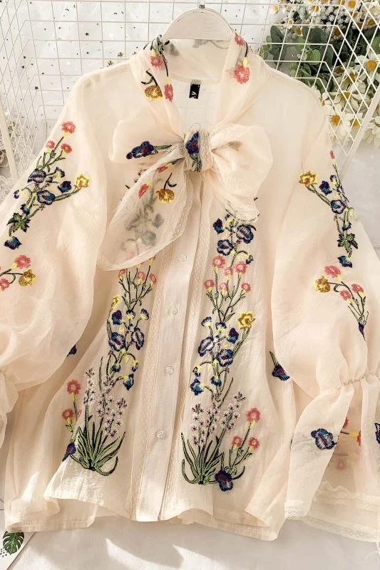 Женская винтажная блузка с вышивкой свободная во французском стиле длинными