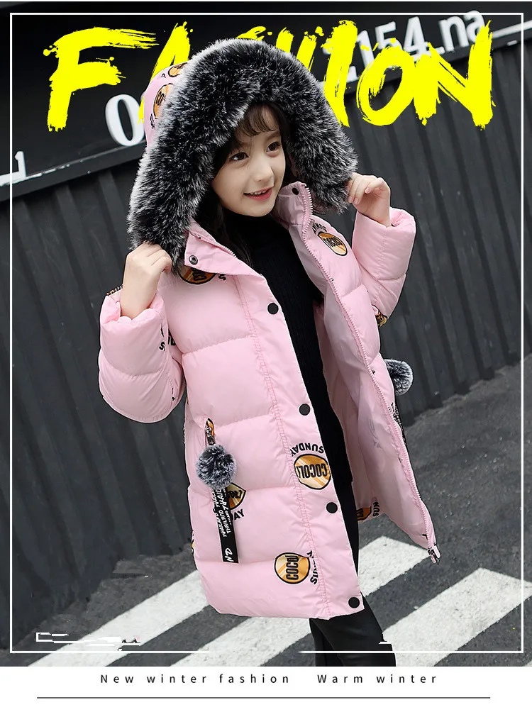 Baby winter new girl down jacket children letter printing thick warm cotton coat girl baby big fur collarcotton hoodedlong coat