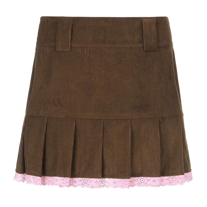 

Pink Lace Patchwork Corduroy Brown Y2K Pleated Mini Skirt for Women Kawaii Girls High Waisted 2000s Aesthetic Brown Clothes Y2K