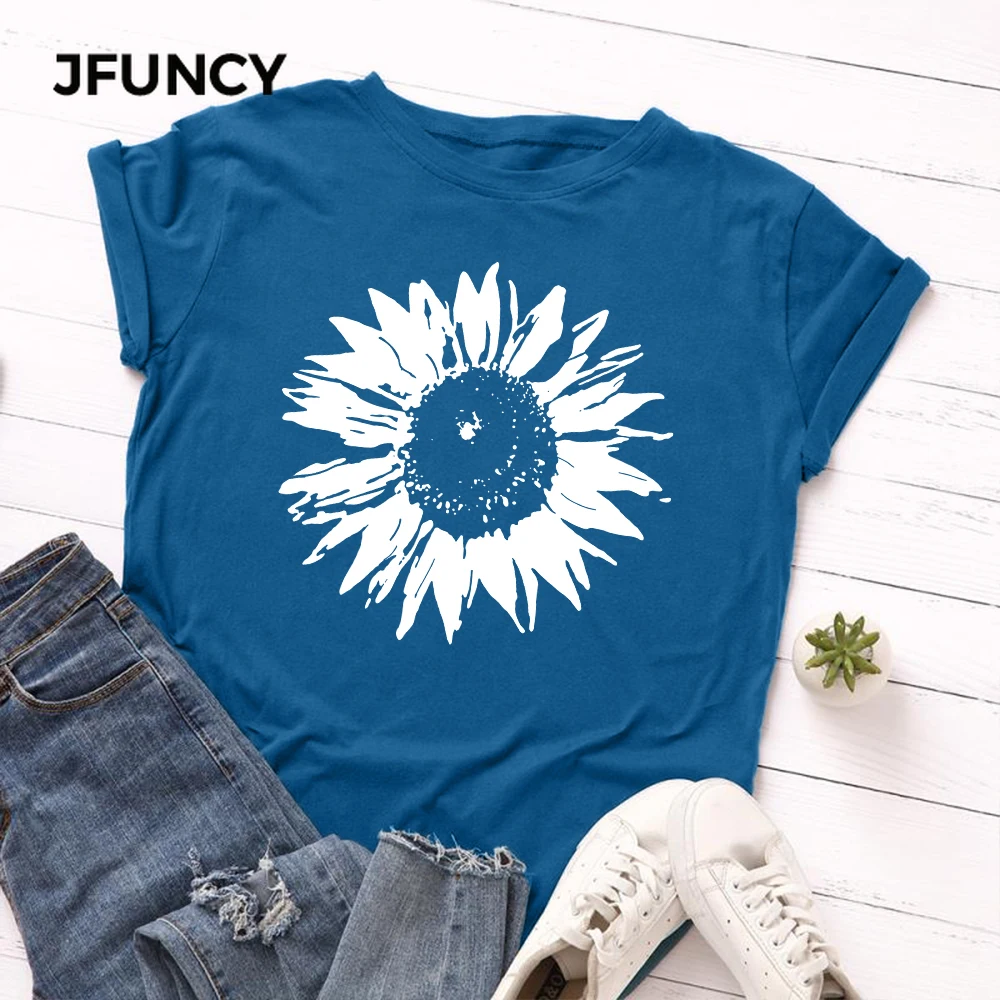 JFUNCY  S-5XL Women T-shirts Female Short Sleeve Tee Tops Flower Printed Woman Casual Tshirt 2020 Summer Cotton T Shirt