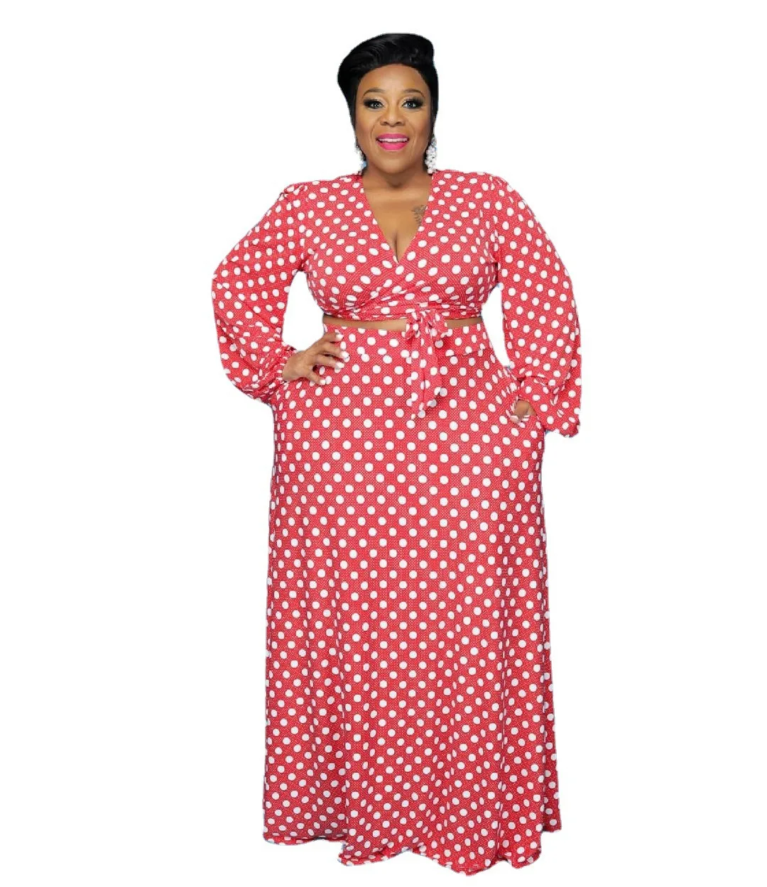 

RStylish 2021 Plus Size Clothing Dot Print Long Sleeve Deep V Lace Up Crop Top Maxi Skirt Women Autumn 2 Piece Set