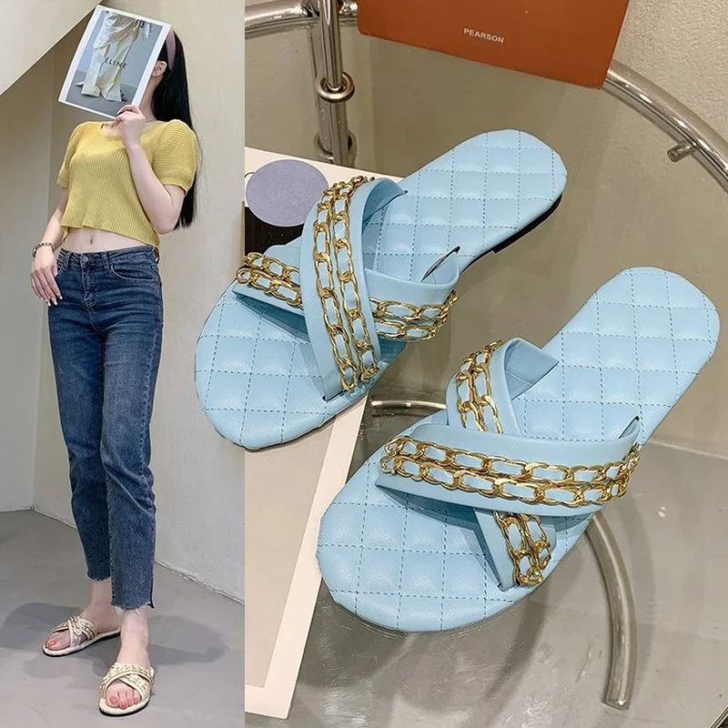 

Sandals and slippers women's summer 2021 new style all-match fashion flip-flop metal slippers outer wear flat shoes trend