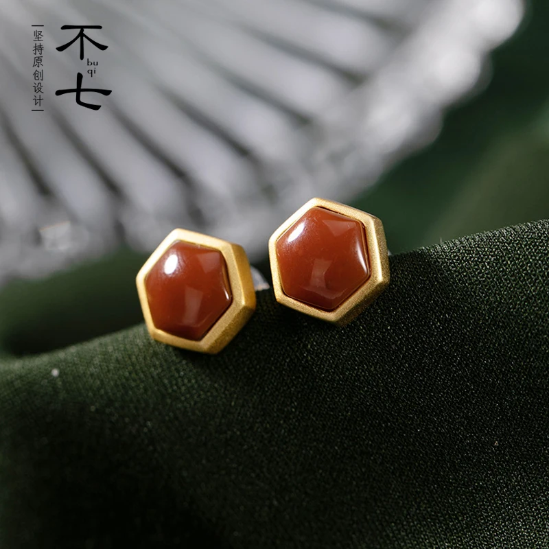 

2020 New 925 Sterling Silver Gold-Plated South Red Stud Earrings Retro National Style Simple and Compact Anti-Allergy Women Earr
