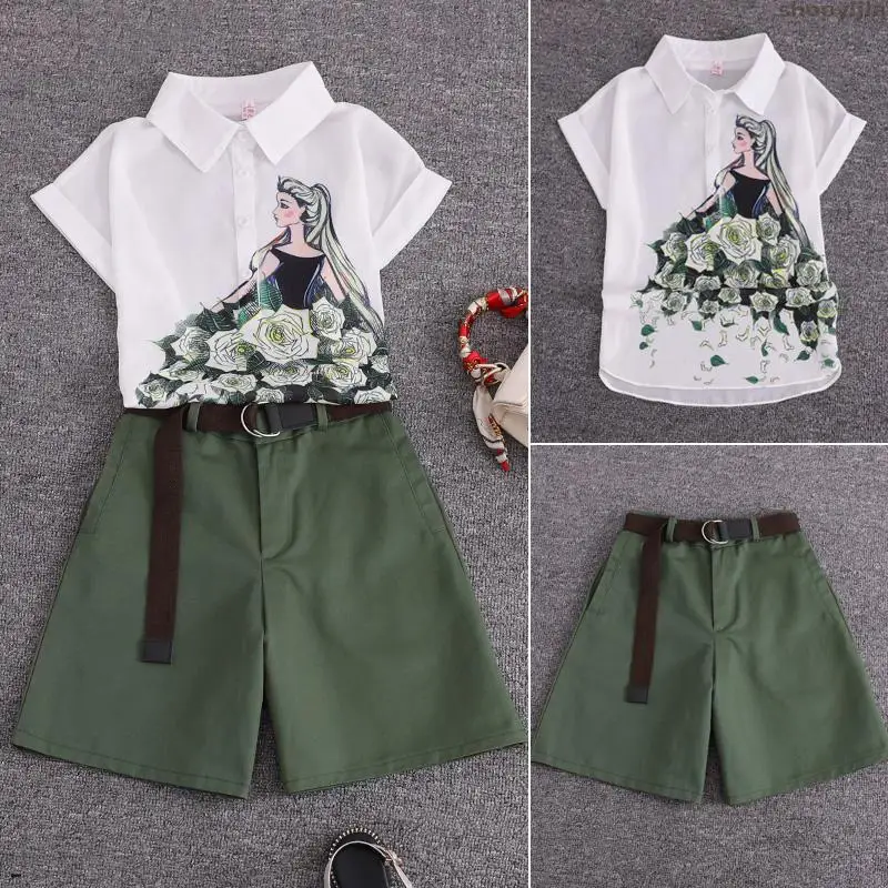 Модные женские топы и шорты комплект для девочек шифоновая блузка с принтом