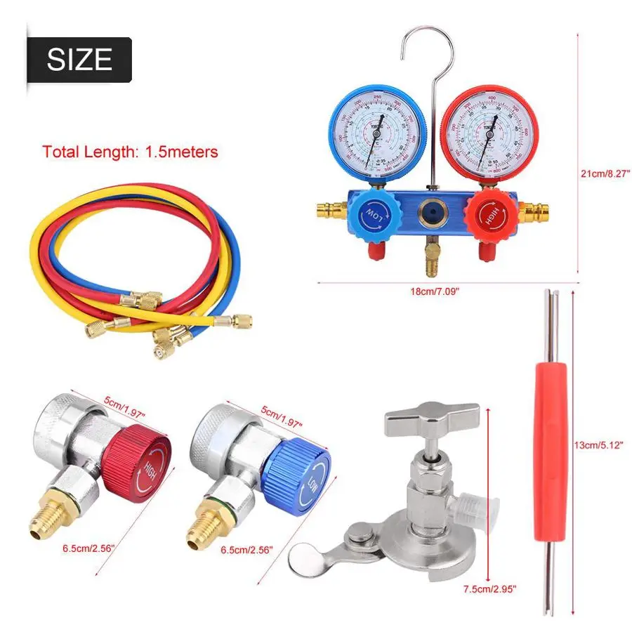 

Refrigerant Manifold Gauge Set Air Conditioning Tools with 5ft Charging Hose and Hook for R134A Air Condition Refrigeration