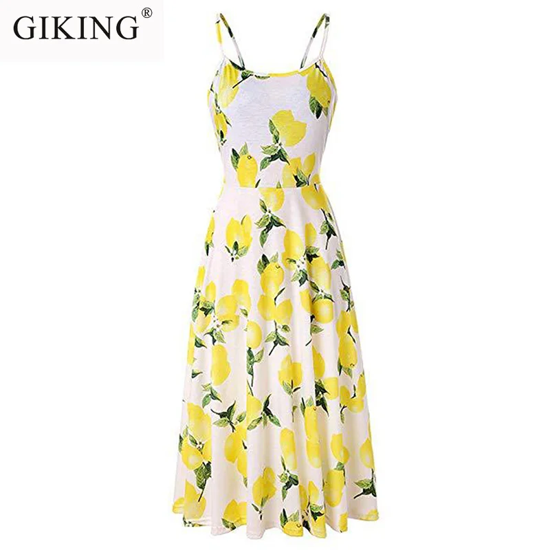 GIKING Floral Frinting Summer Dress Women 2019 Spaghetti Strap Boho Midi Backless Casual Beach Dresses Zomerjurk Dames | Женская одежда