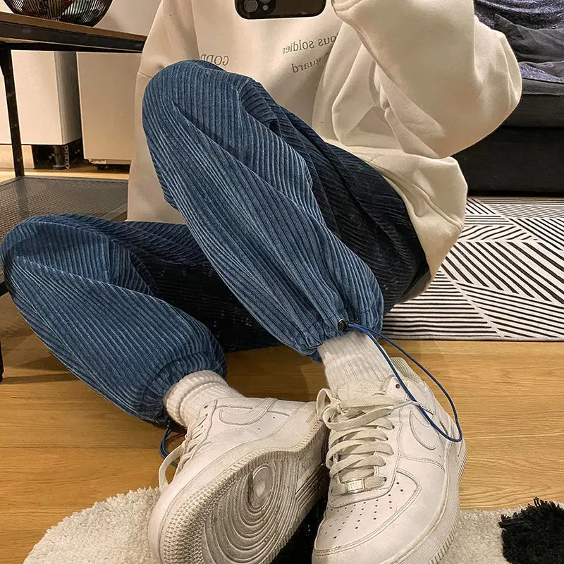 

2021 Man Casual Tie Leg Straight Pants Woman Corduroy Solid Color Oversize Trousers Man Warm Korean Streetwear Pants