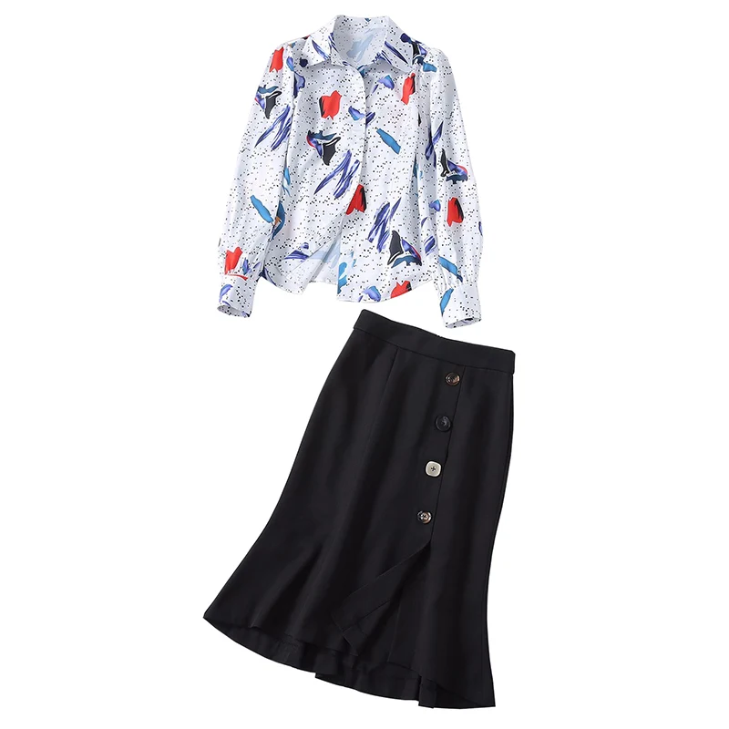 

Women Autumn Clothing 2pcs outfits set print long sleeve shirt + buttons mermaid skirt