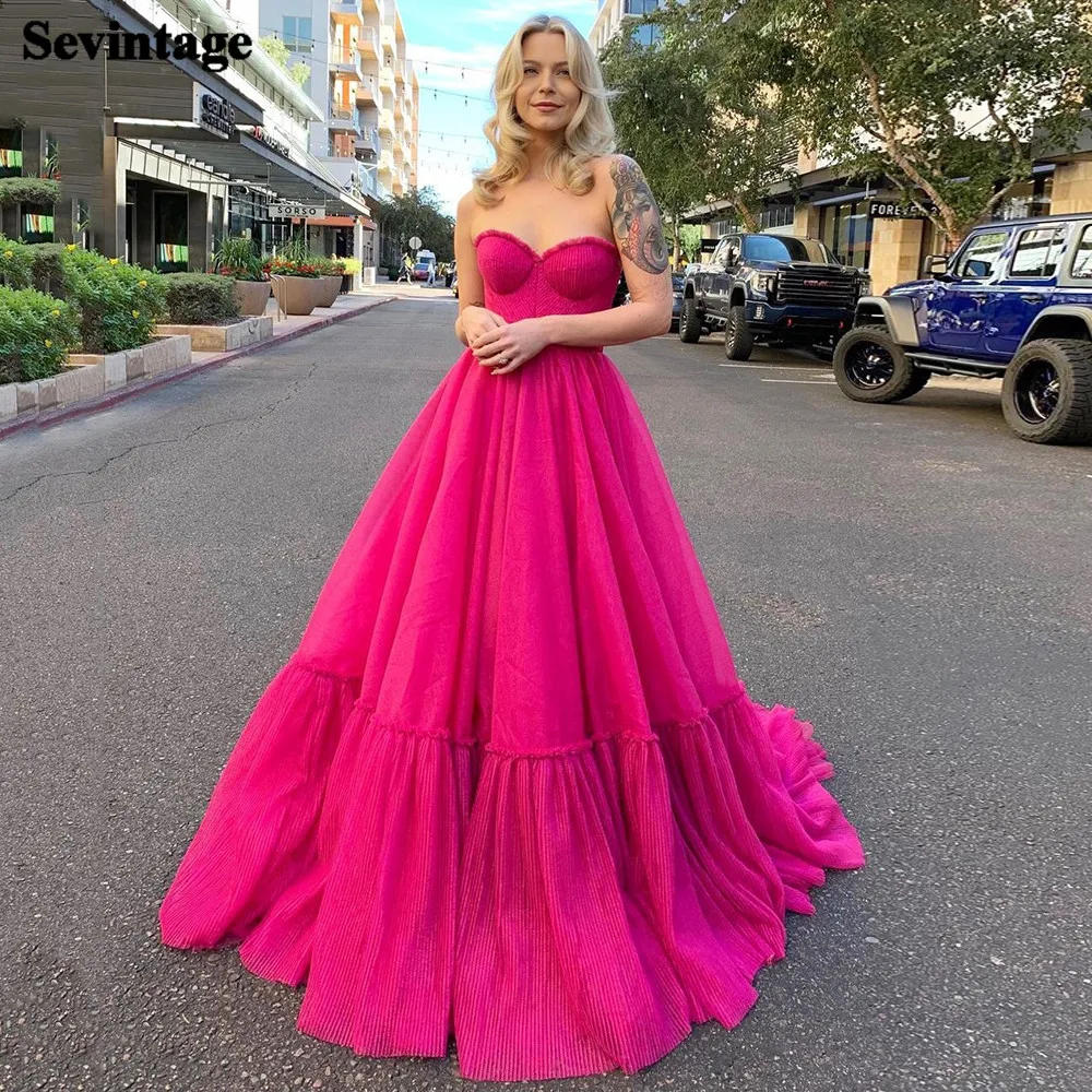 

Sevintage New Design Fuchsia A Line Prom Party Dresses Sweetheart Tiered Long Evening Dress Plus Size Formal Occasion Gowns